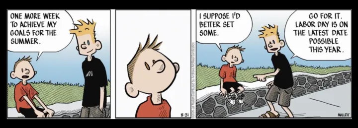 Comic strip about goal setting late in the year.
