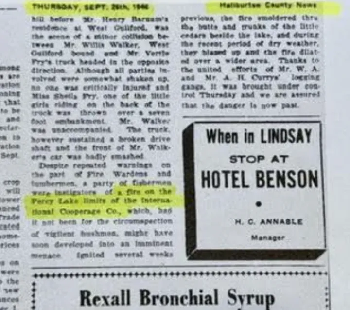 A newspaper article about a wildfire near Percy Lake