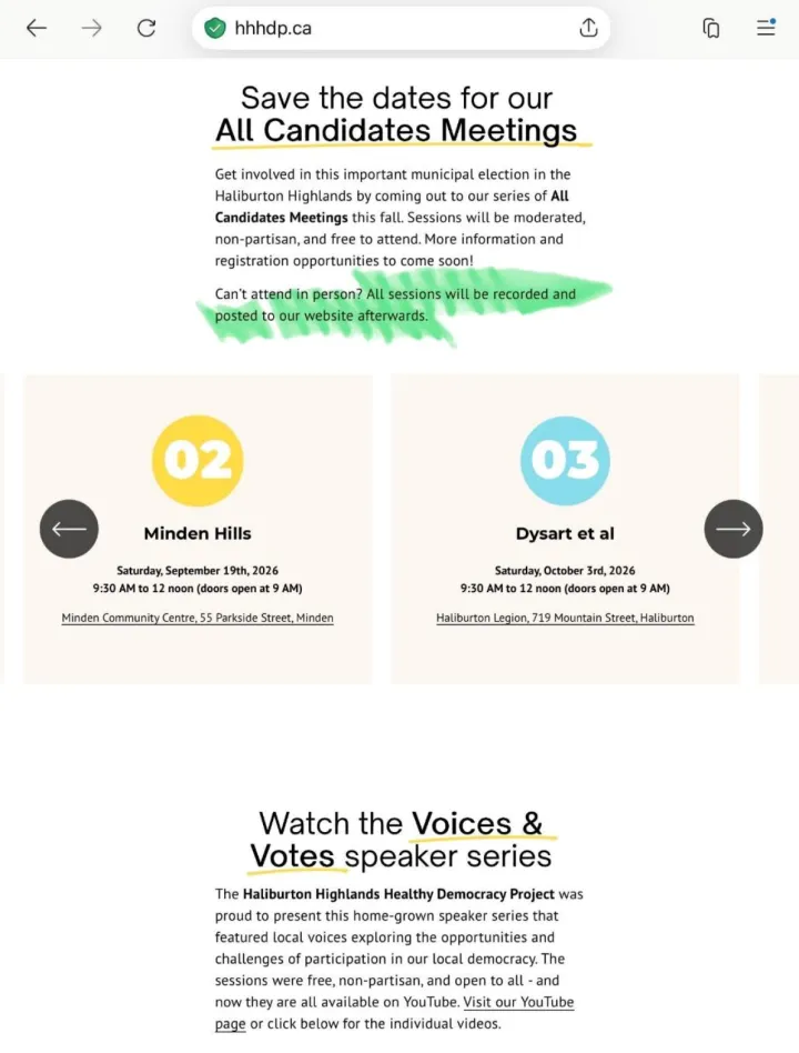 A screenshot from hhhdp.ca with the title Save the Dates for our All Candidates Meetings